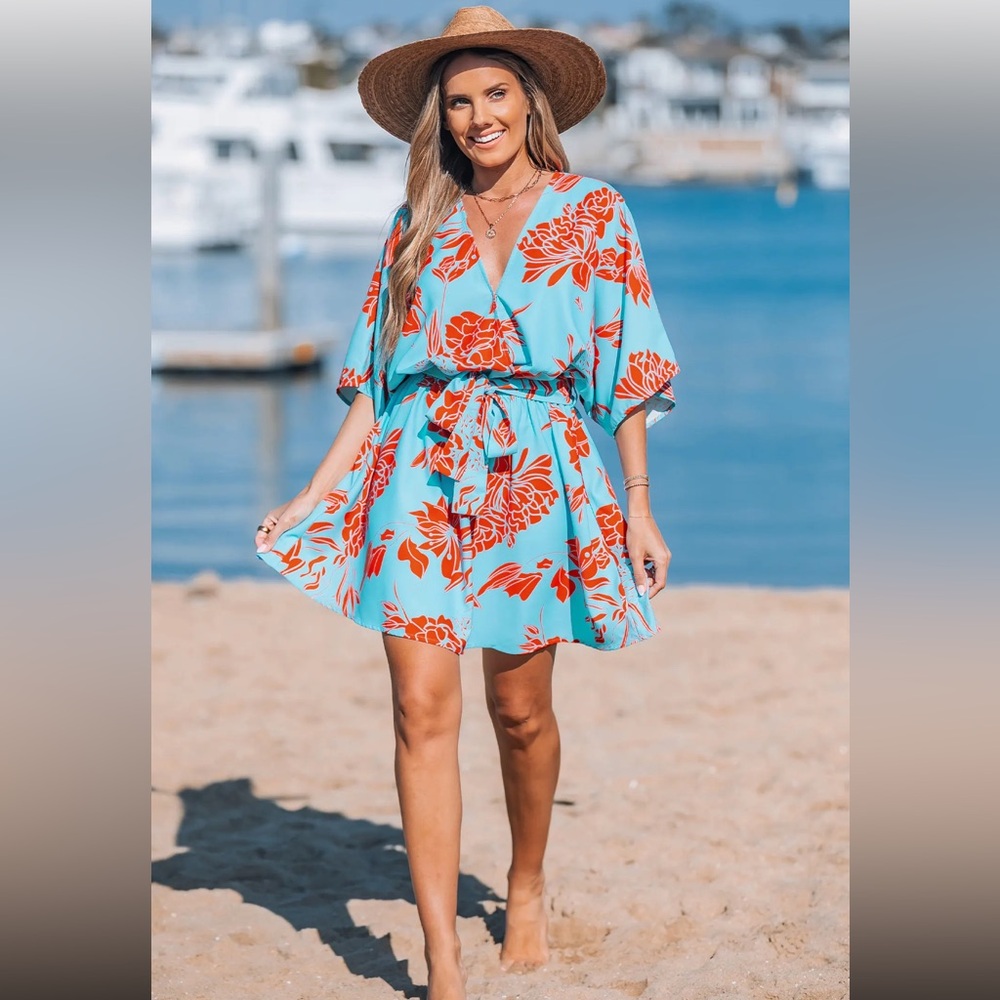 Summer Floral Tie-Waist Mini Dress - Aqua with Coral Print